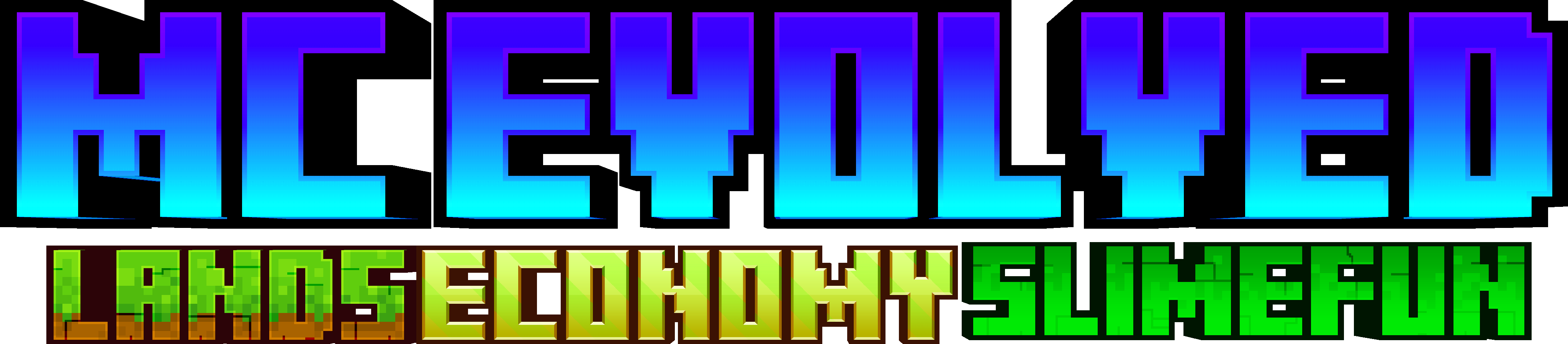 MC Evolved banner in a Minecraft-inspired block typeface with blue, cyan, grass, and slime colors