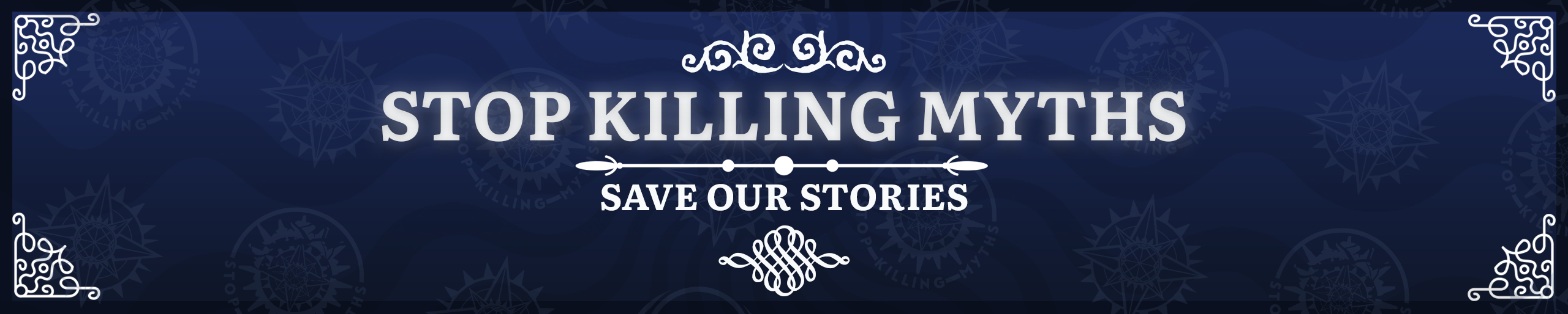 stop killing myths campaign logo and banner in dark navy, bright white, and warm preservation tones