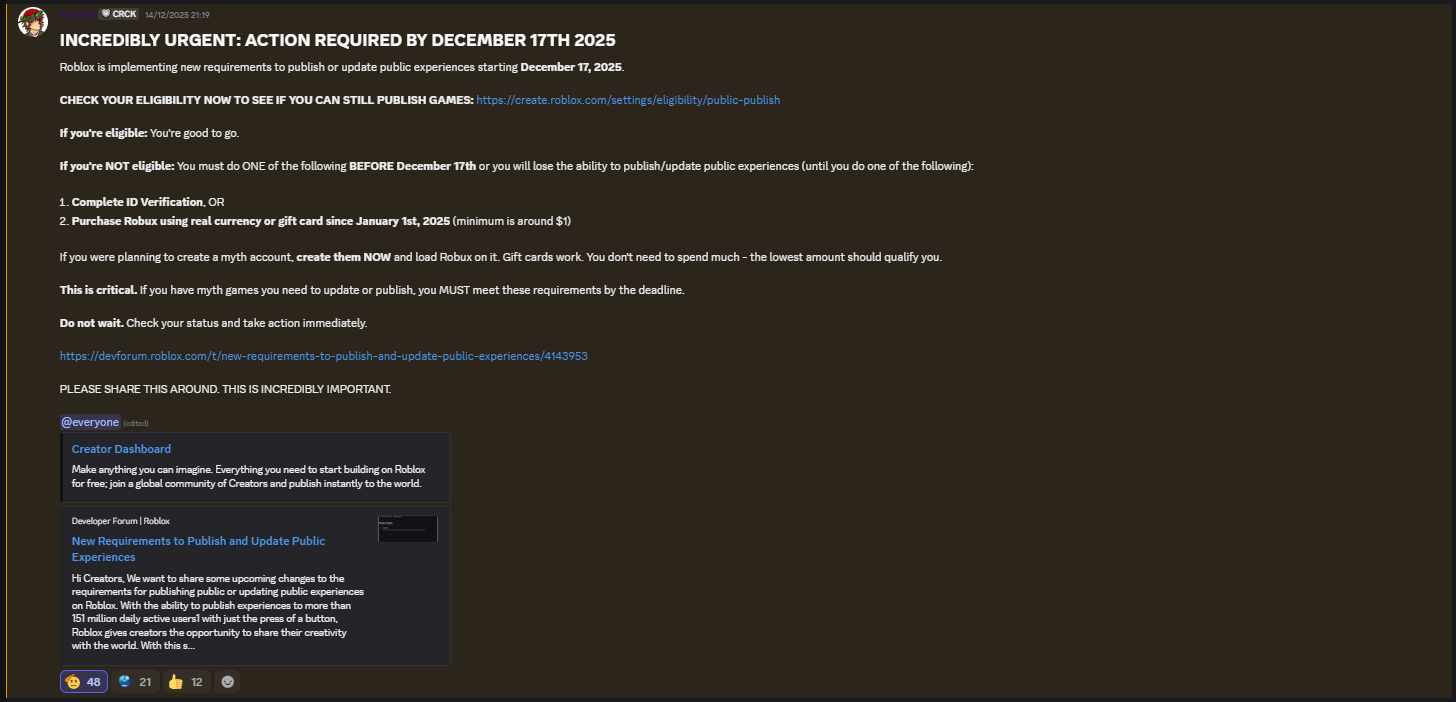 Urgent community announcement explaining new Roblox publishing requirements and the deadline for creators to take action