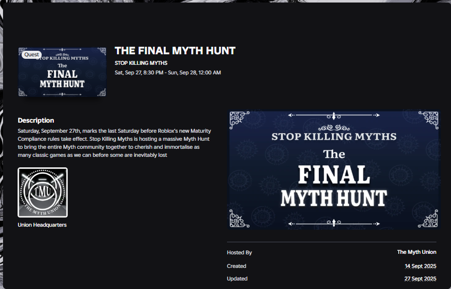 Roblox event page for The Final Myth Hunt hosted at the Union Headquarters