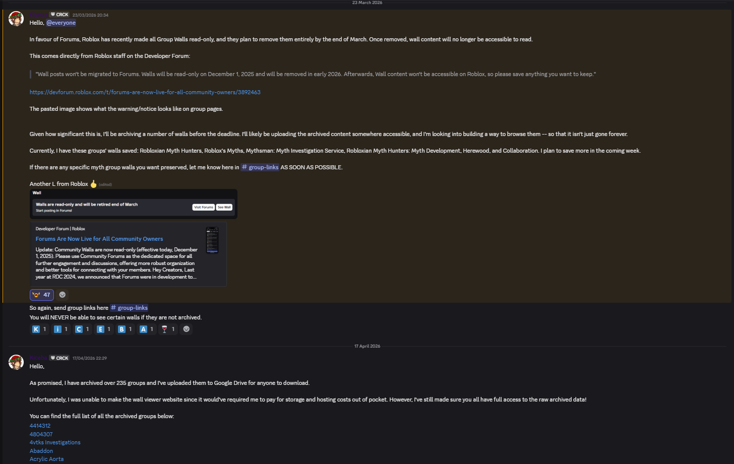 Announcements about archiving Roblox group walls before their removal, followed by an update confirming over 235 groups had been archived