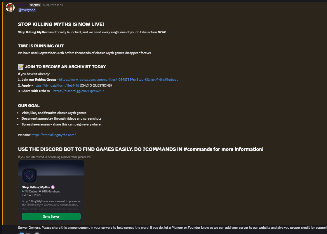 Stop Killing Myths launch announcement explaining the campaign, its deadline, and ways to participate