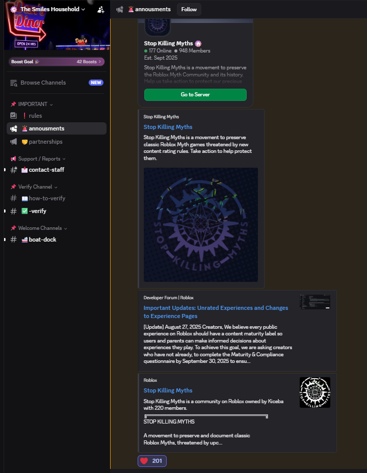 A partner Discord server sharing Stop Killing Myths with its members