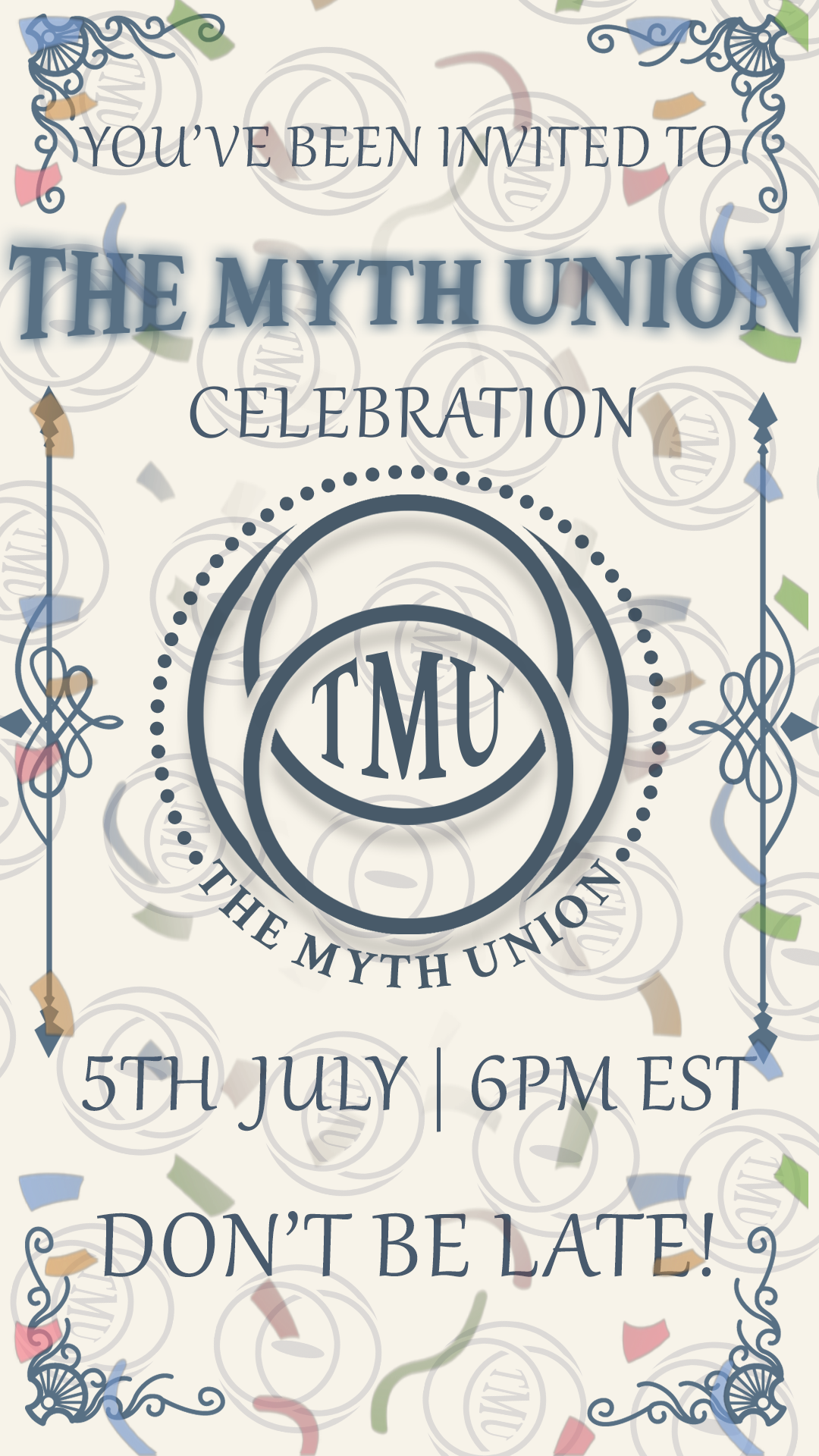 Formal invitation to The Myth Union member celebration on July 5