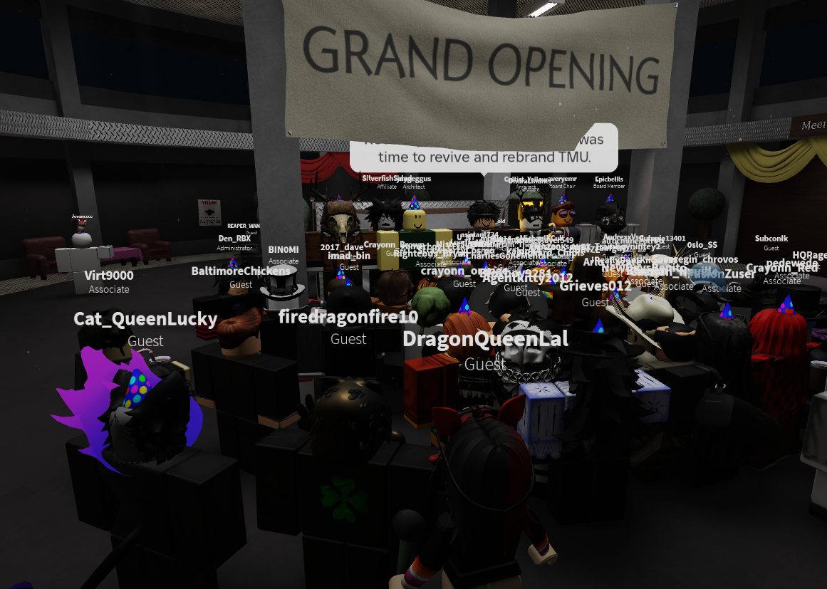 The Myth Union grand opening scene with members gathered around a stage