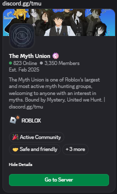 The Myth Union Discord invite card showing more than 3,300 members