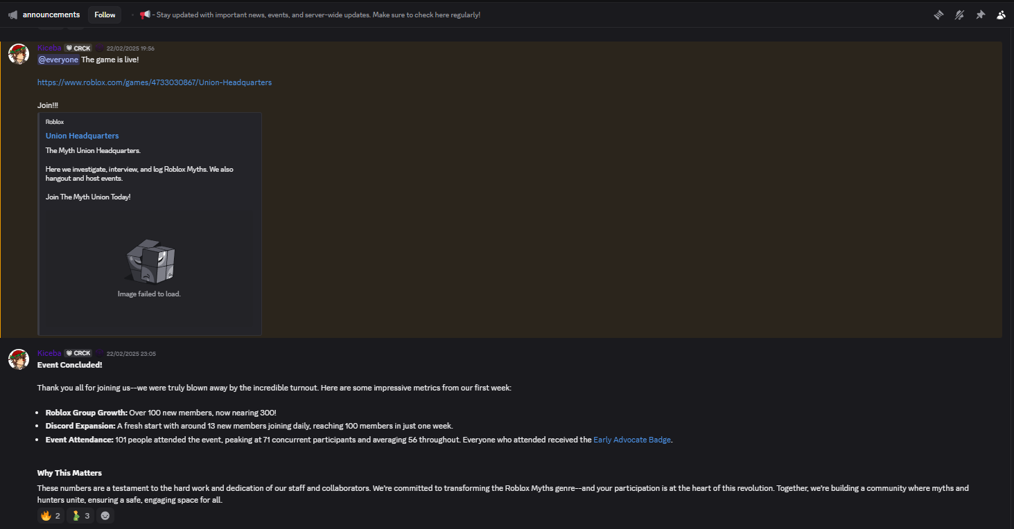 The Myth Union launch event recap reporting attendance, Discord growth, and Roblox group growth