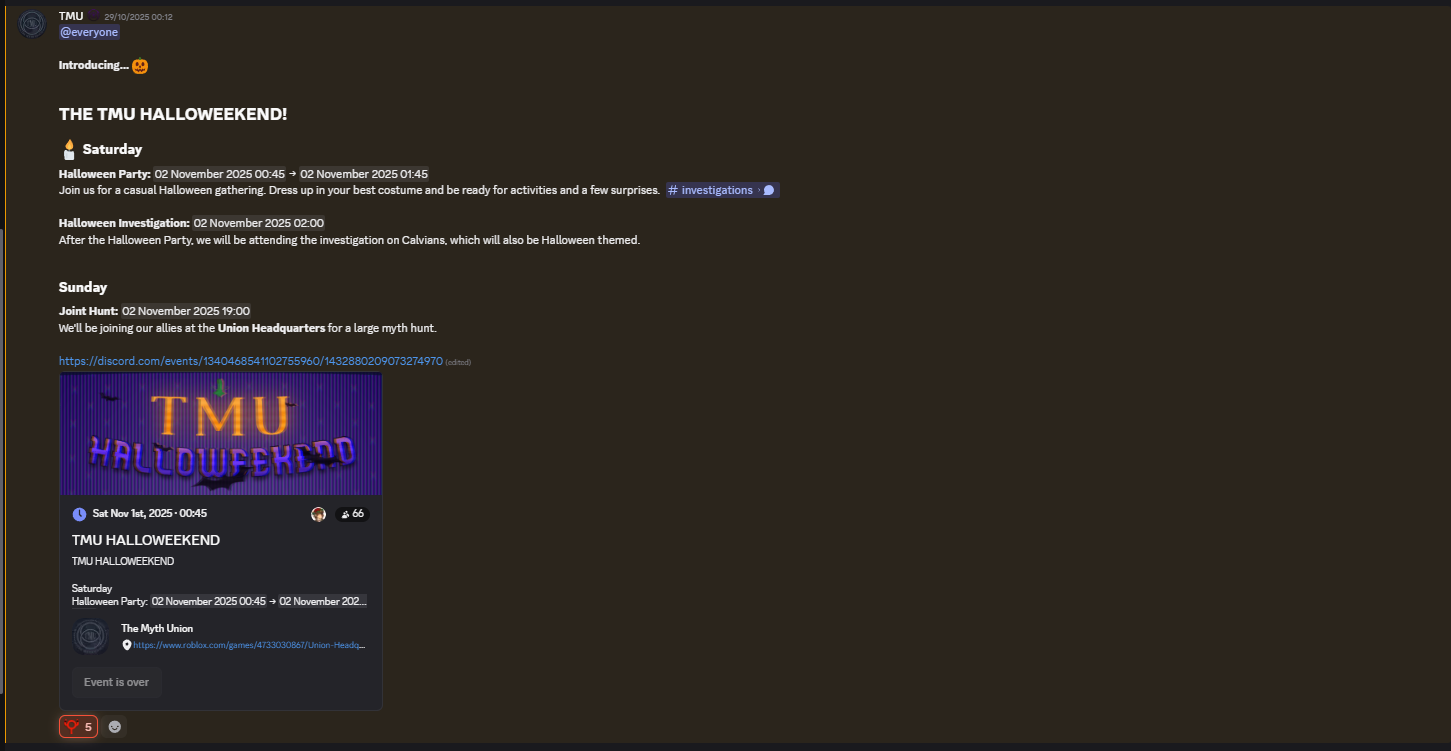 Discord announcement promoting the multi-day TMU Halloweekend event