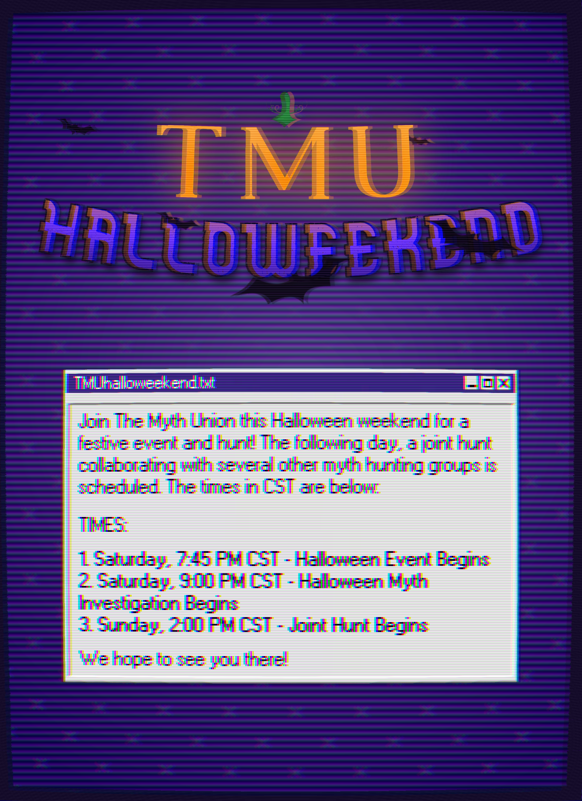 TMU Halloweekend poster listing a Halloween event, investigation, and joint hunt