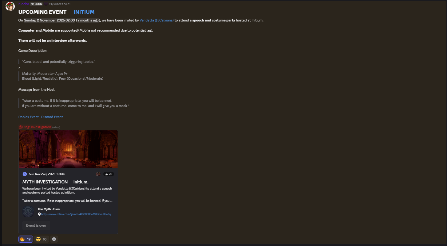 Discord announcement for an upcoming Myth Union investigation