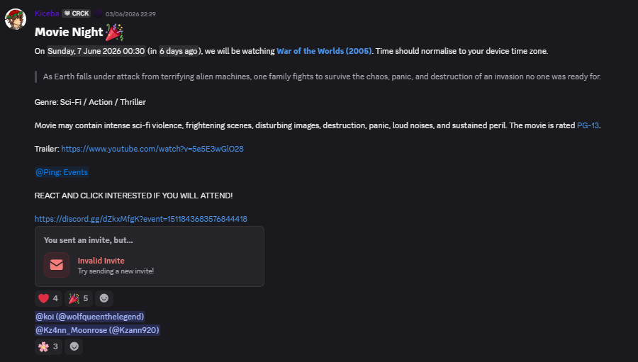 Discord announcement for a Myth Union community movie night