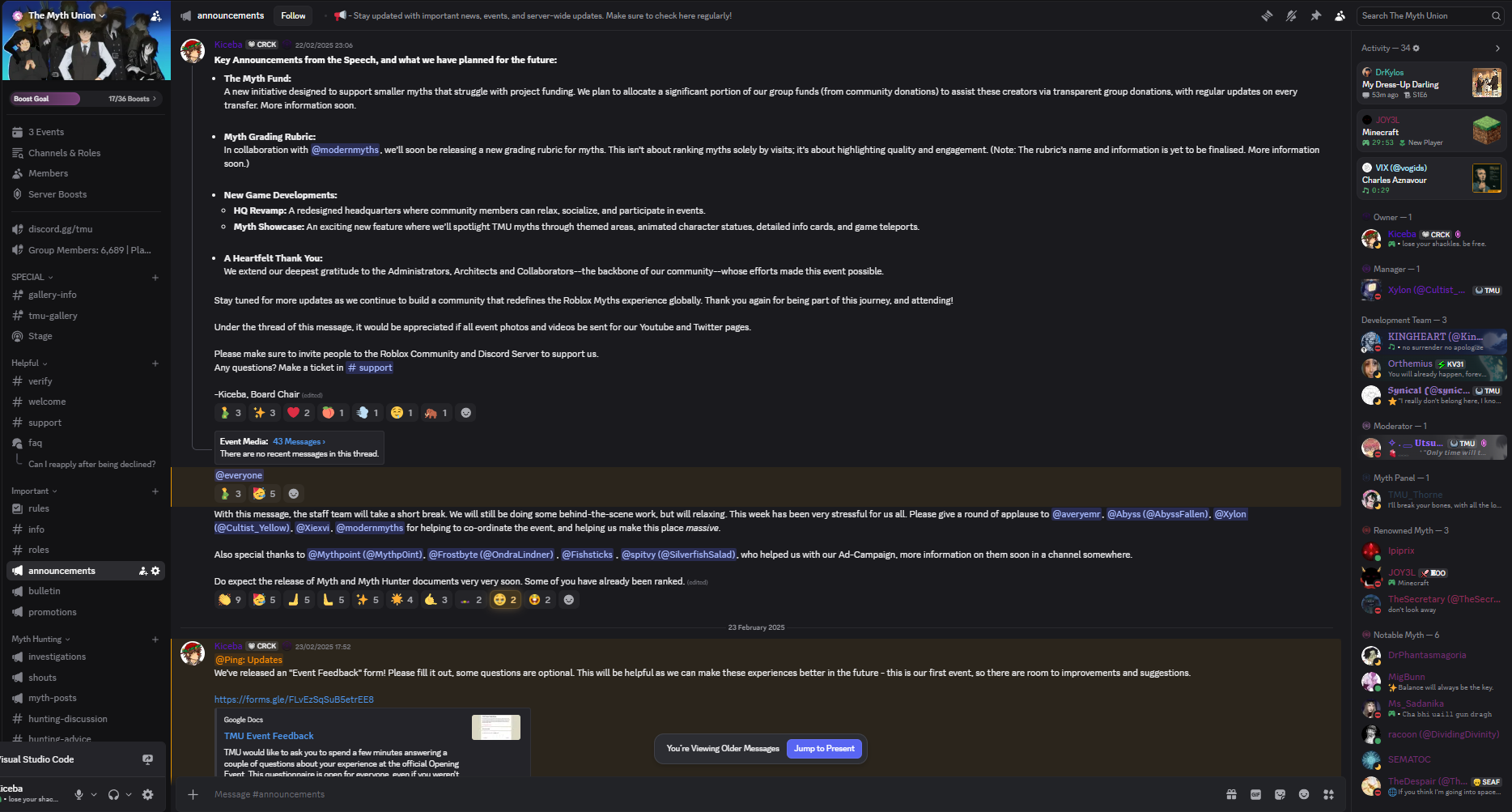 Post-event announcement describing future Myth Union initiatives and collecting feedback
