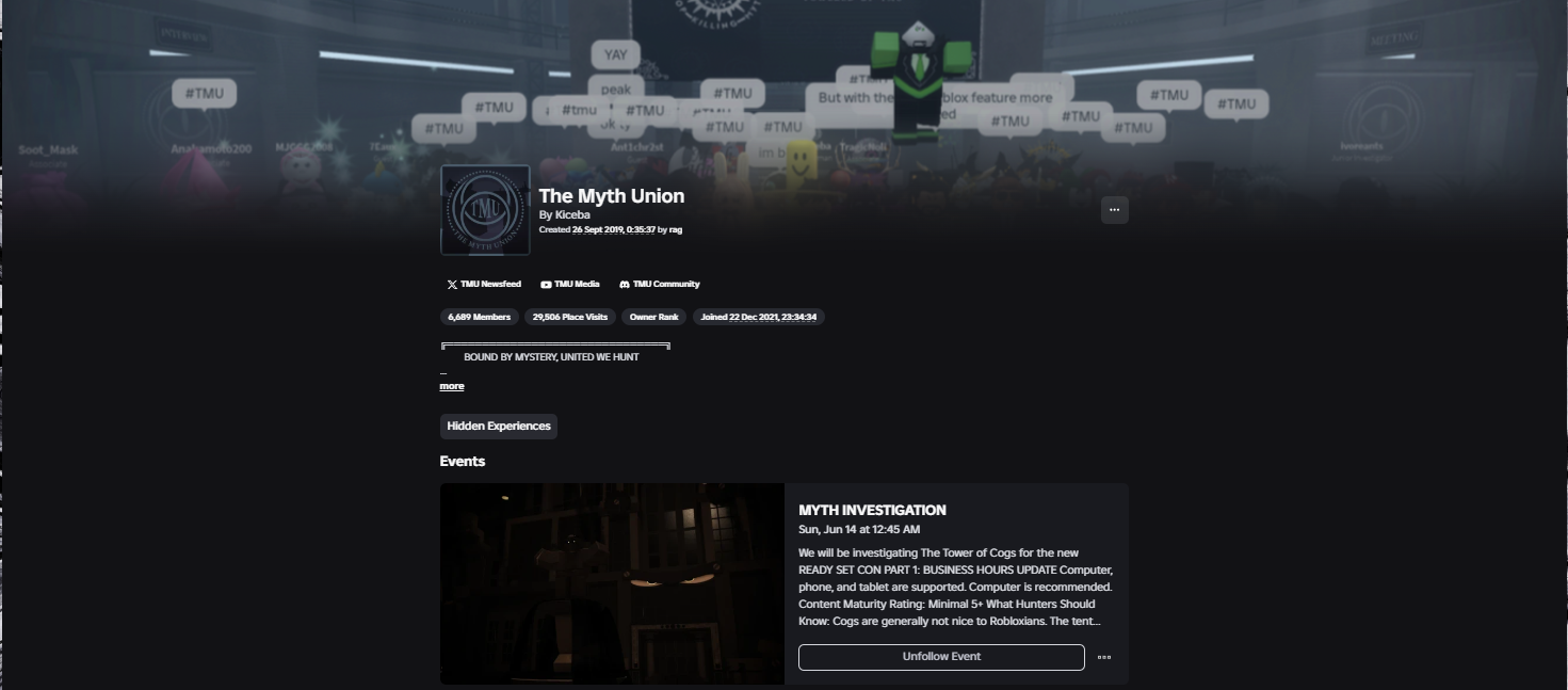 The Myth Union website showing a public collection of investigation and community events