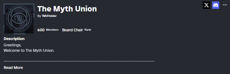 The Myth Union Discord card showing an earlier milestone of 600 members