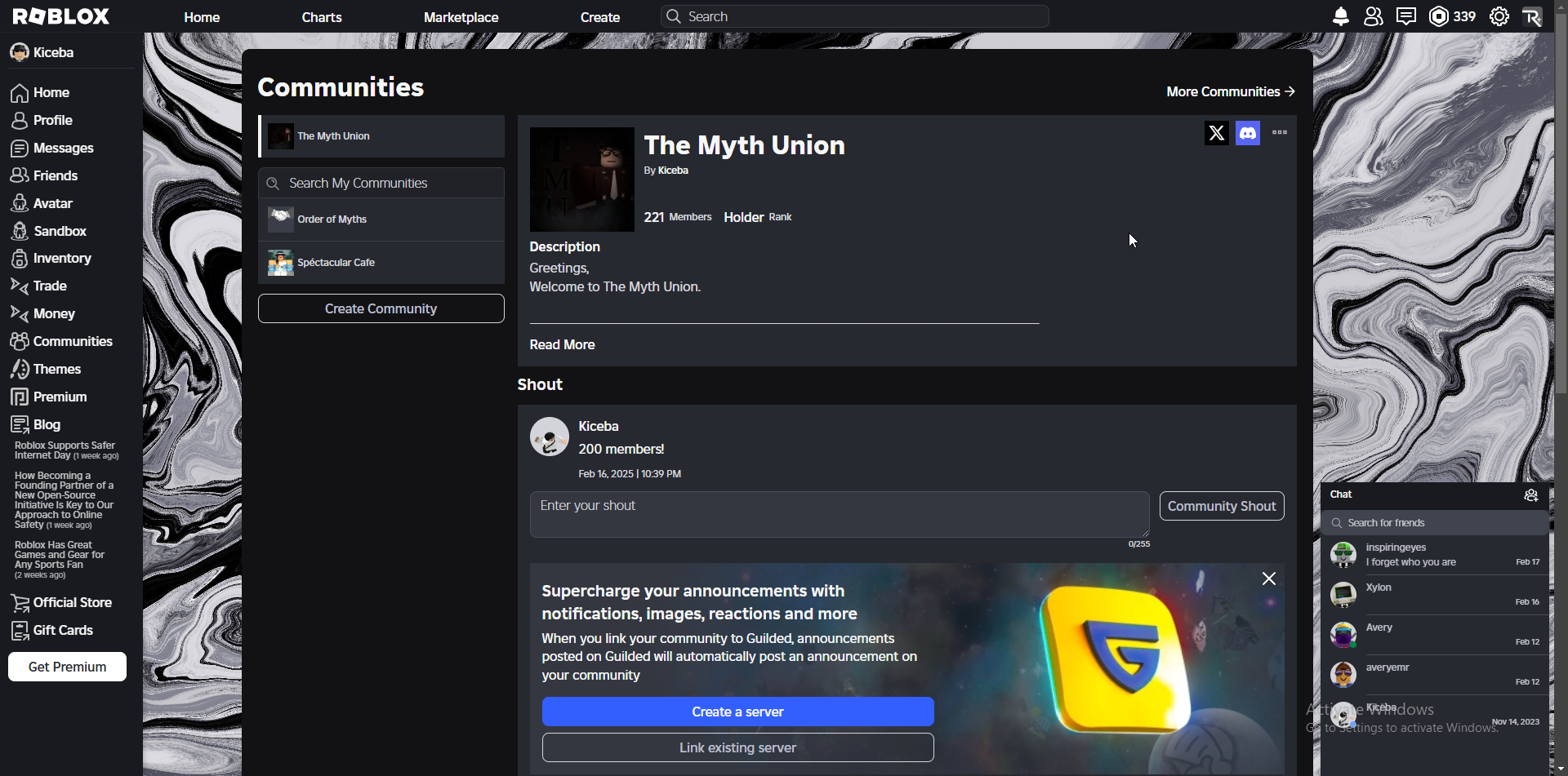 The Myth Union Roblox group near the beginning with around 200 members