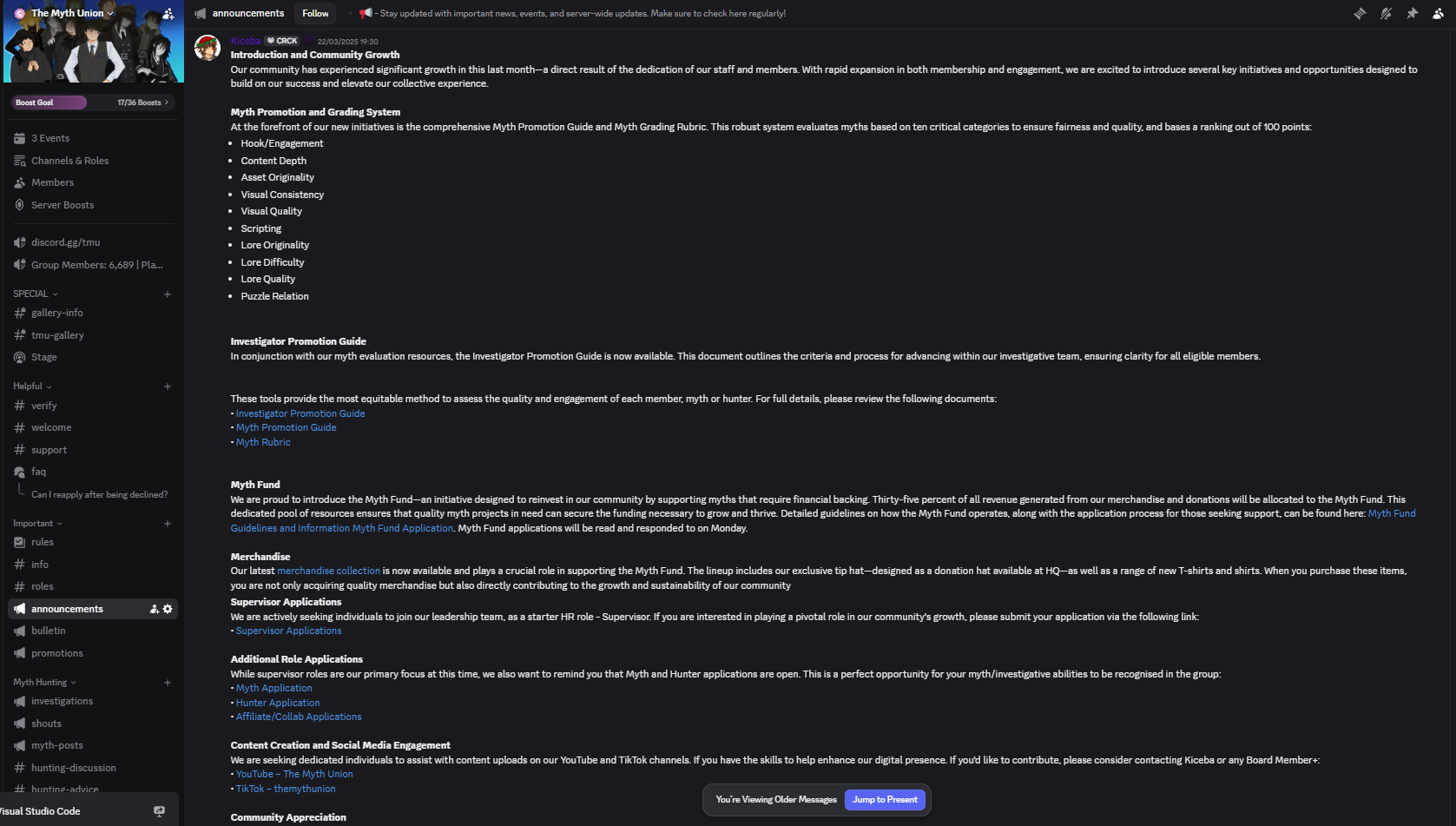 Announcement explaining Myth Union ranking guides, myth support, applications, and content roles