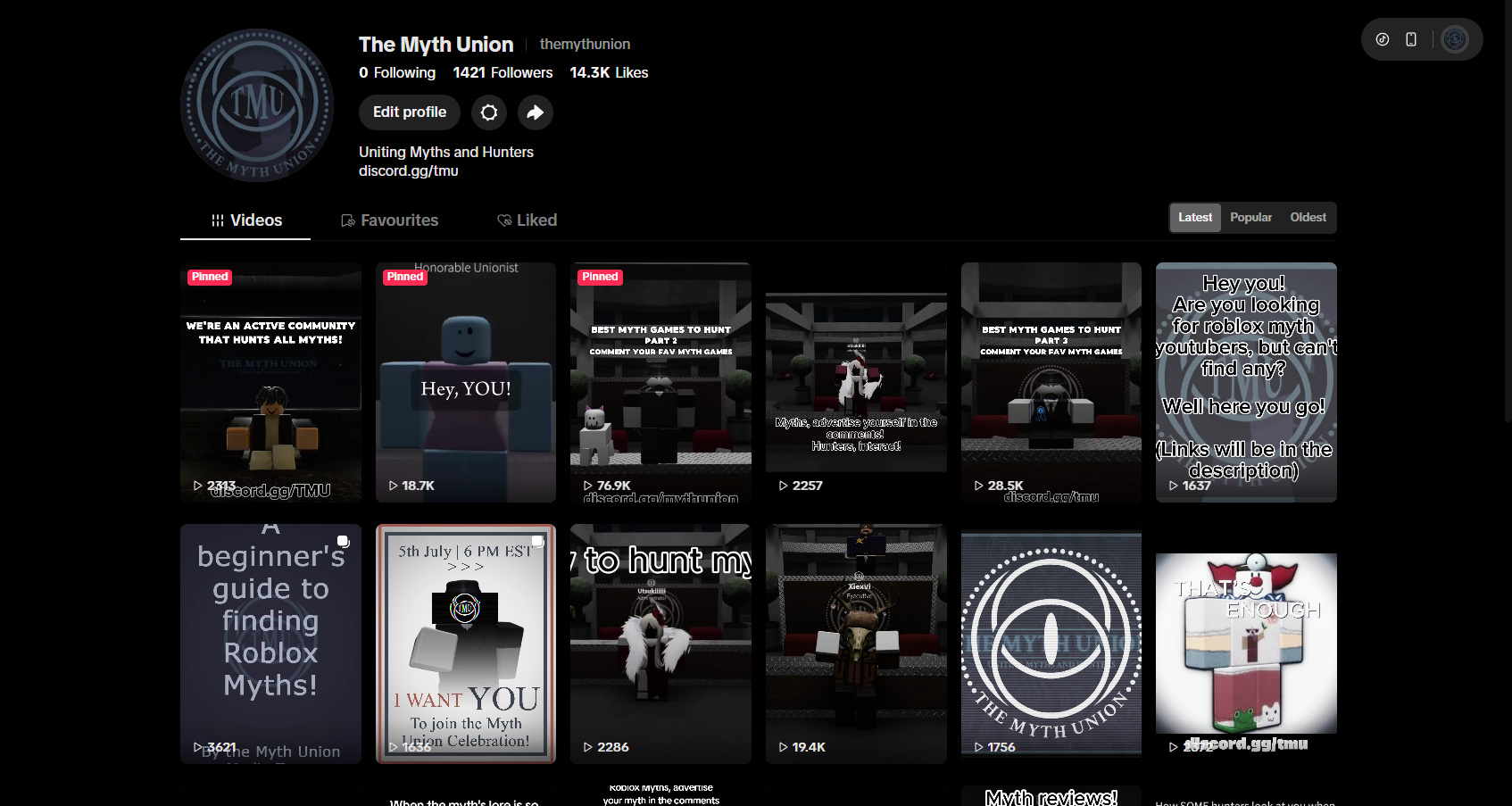 The Myth Union TikTok profile and its collection of short-form videos