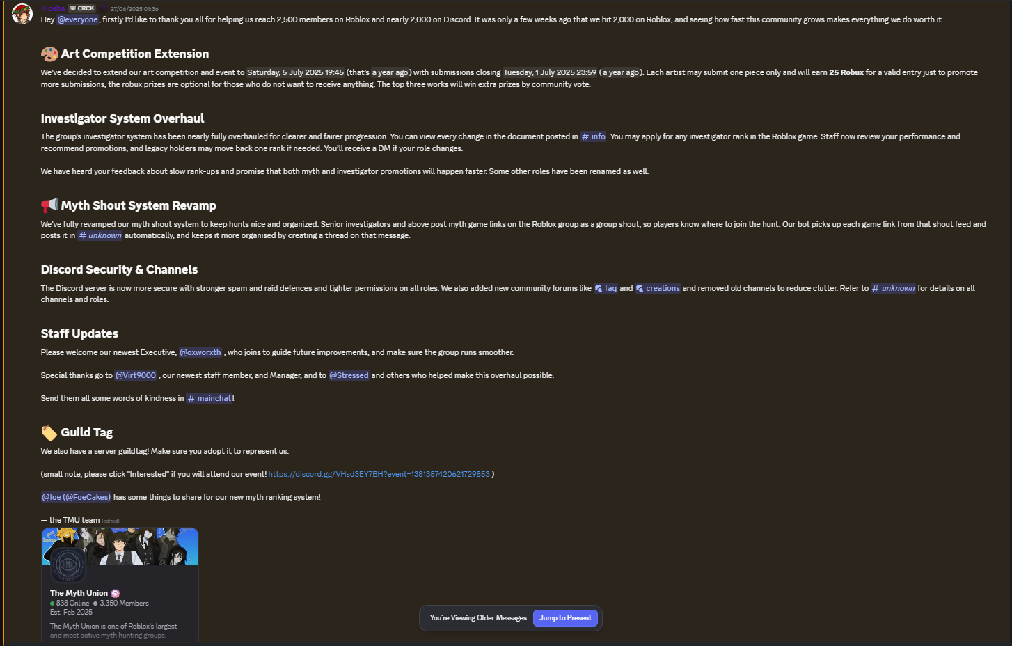 Announcement covering investigator, Discord, staff, and Myth Shout system changes