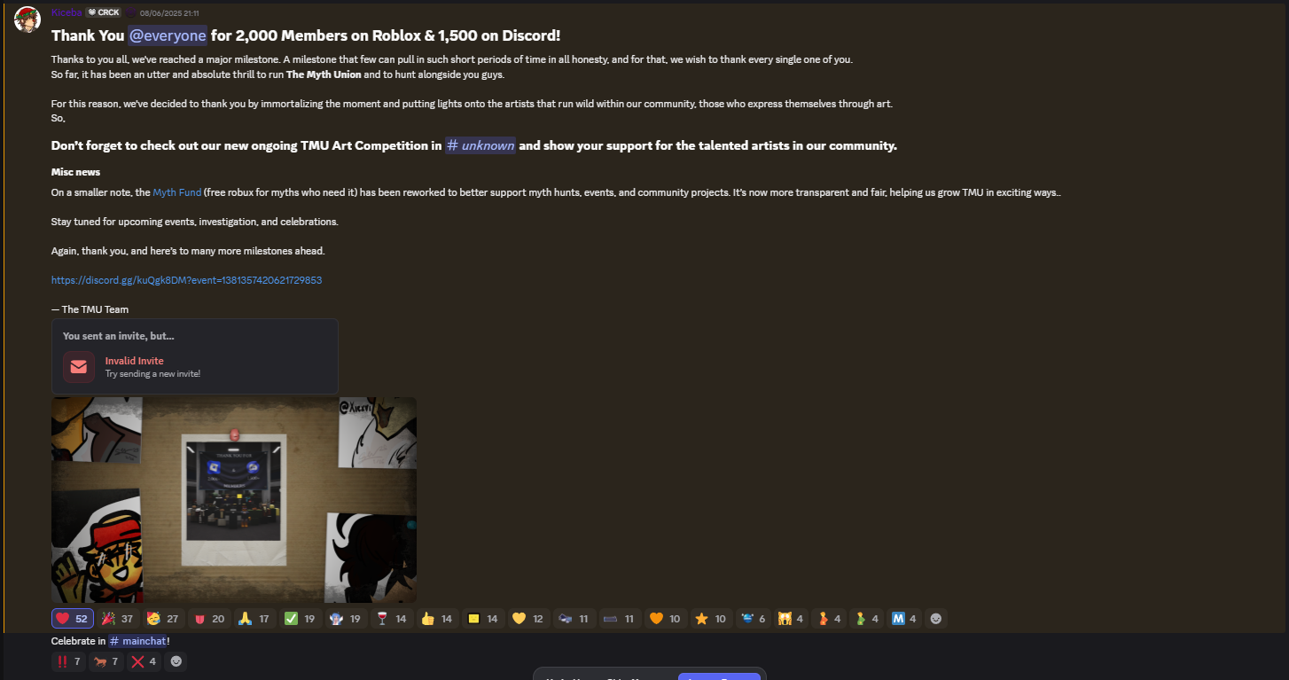 Announcement celebrating 2,000 Roblox members and 1,500 Discord members