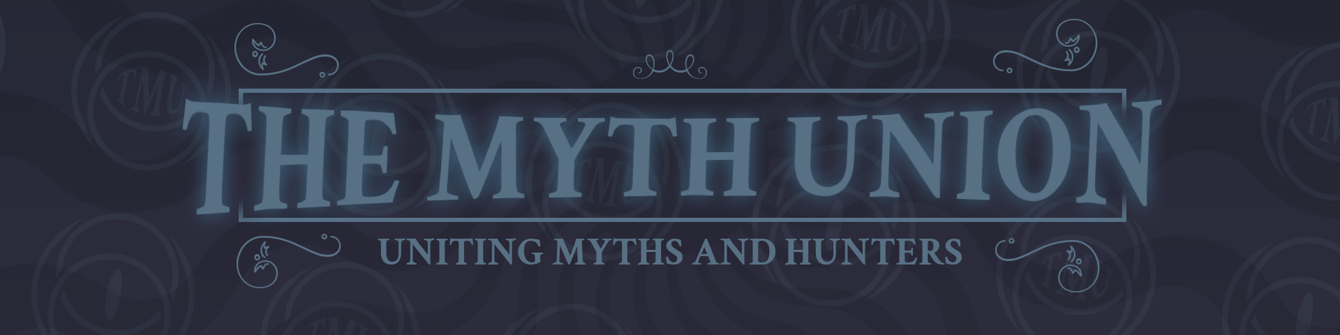 the myth union banner and circular eye logo in muted blue-purple tones
